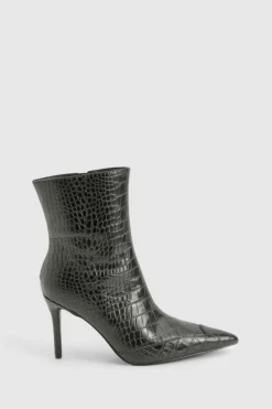 Heeled Boots|All Boots*boohoo Pointed Toe Croc Detail Heeled Ankle Boot black