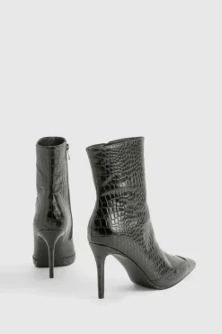 Heeled Boots|All Boots*boohoo Pointed Toe Croc Detail Heeled Ankle Boot black
