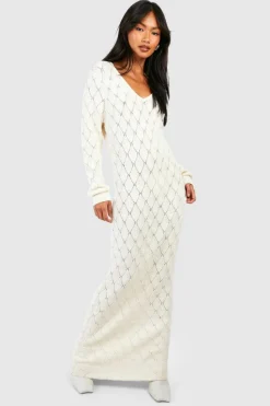 Jumper Dresses|Jumper Dresses*boohoo Pointelle Knitted Maxi Dress ecru