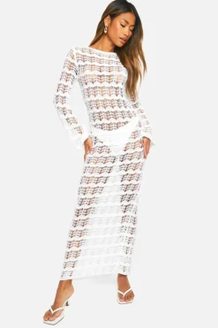 Jumper Dresses|Jumper Dresses*boohoo Pointelle Lace Up Back Detail Knitted Maxi Dress white