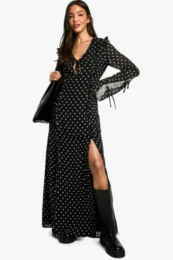 Maxi Dresses|Long Sleeve Dresses*boohoo Polka Dot Chiffon Flare Sleeve Maxi Dress black
