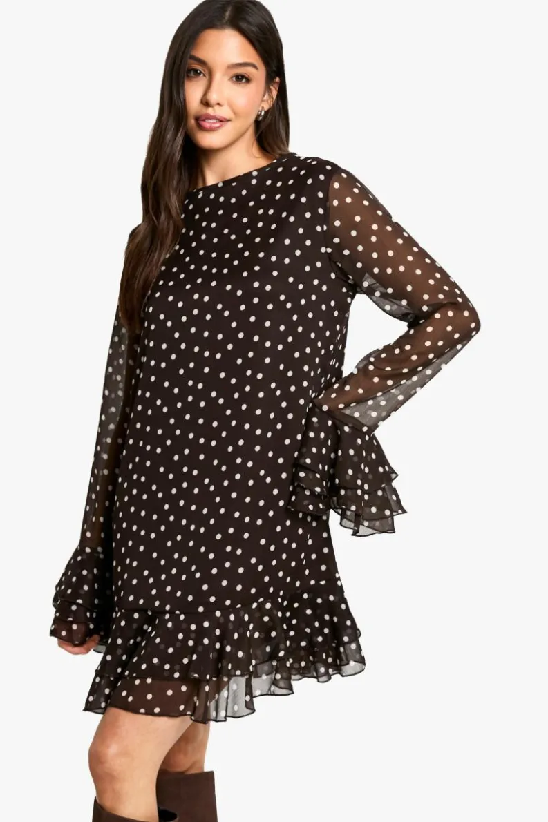 Smock Dresses|Mini Dresses*boohoo Polka Dot Chiffon Smock Dress chocolate