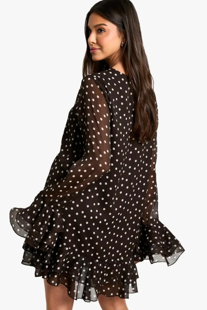 Smock Dresses|Mini Dresses*boohoo Polka Dot Chiffon Smock Dress chocolate