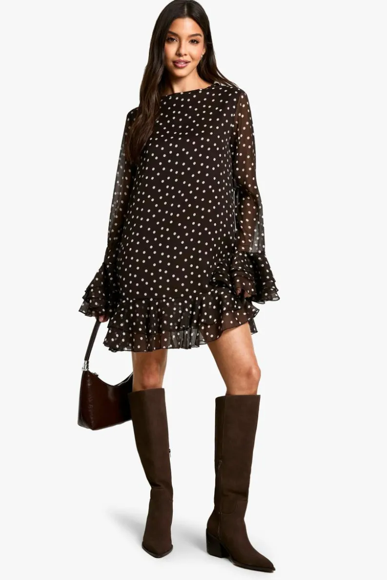 Smock Dresses|Mini Dresses*boohoo Polka Dot Chiffon Smock Dress chocolate