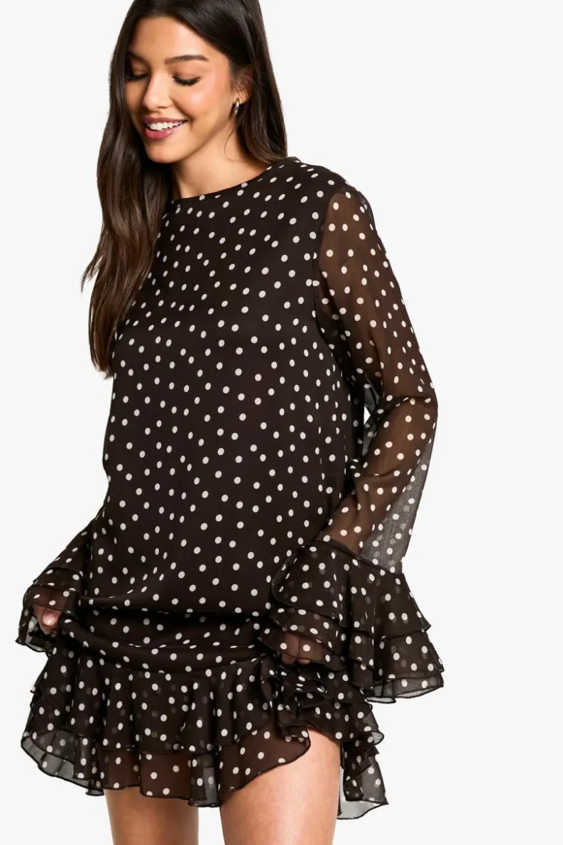 Smock Dresses|Mini Dresses*boohoo Polka Dot Chiffon Smock Dress chocolate
