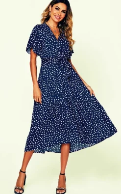 Wrap Dresses*FS Collection Polka Dot Hem Tiered Wrap Midi Dress In Navy