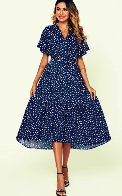 Wrap Dresses*FS Collection Polka Dot Hem Tiered Wrap Midi Dress In Navy