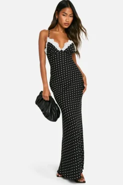 Maxi Dresses|Cami Dresses*boohoo Polka Dot Lace Trim Maxi Dress black