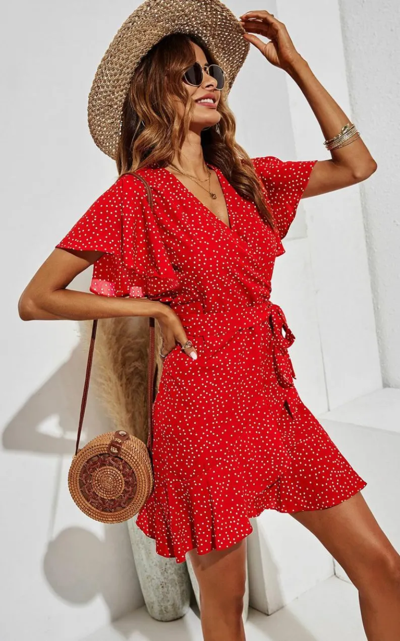 Wrap Dresses*FS Collection Polka Dot Mini Wrap Style Dress Red