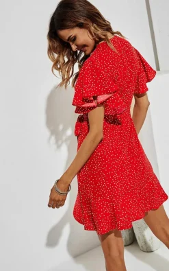 Wrap Dresses*FS Collection Polka Dot Mini Wrap Style Dress Red