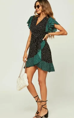 Wrap Dresses*FS Collection Polka Dot Print Mini Wrap Dress In Dark & Black Green