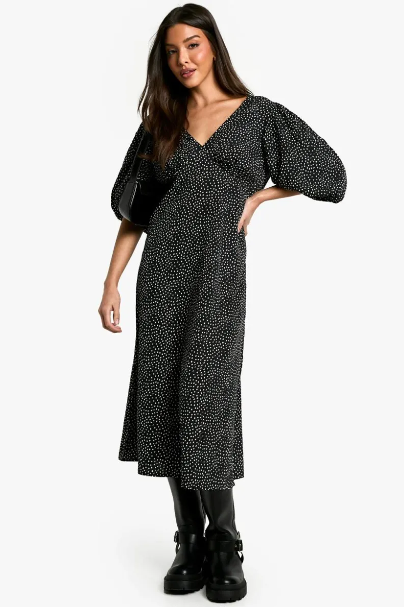 Midi Dresses*boohoo Polka Dot Puff Sleeve Tie Back Midi Dress black