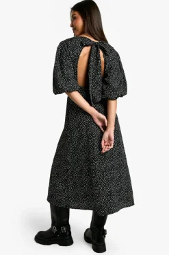 Midi Dresses*boohoo Polka Dot Puff Sleeve Tie Back Midi Dress black
