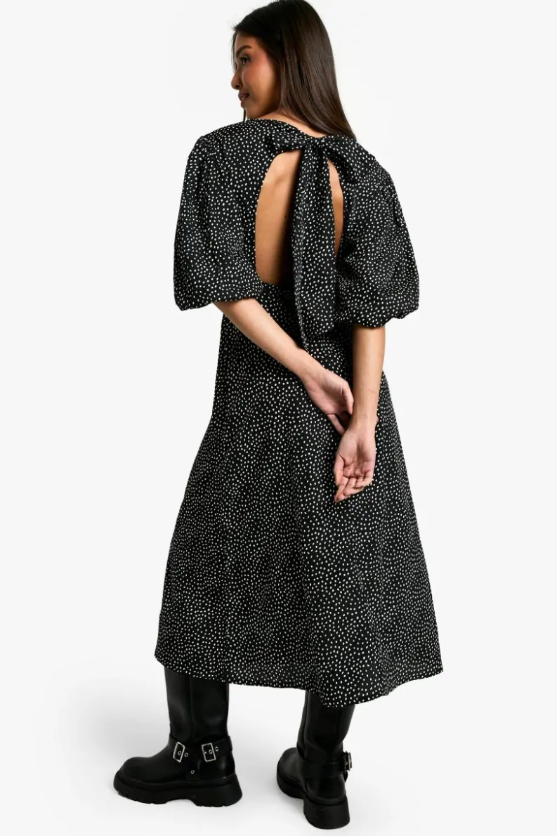 Midi Dresses*boohoo Polka Dot Puff Sleeve Tie Back Midi Dress black