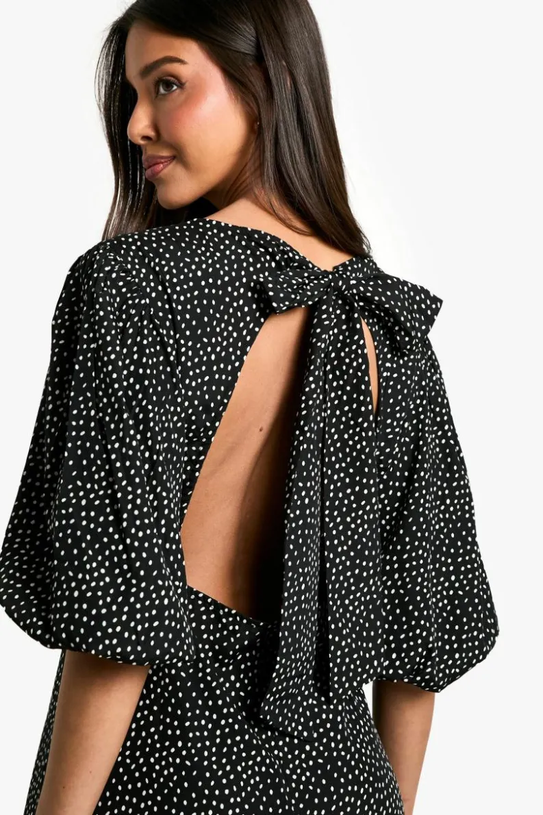 Midi Dresses*boohoo Polka Dot Puff Sleeve Tie Back Midi Dress black