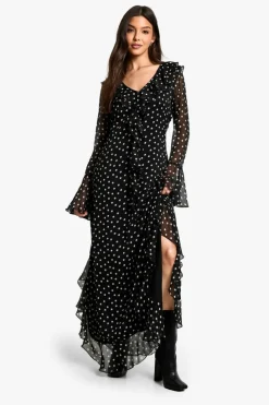 Maxi Dresses|Long Sleeve Dresses*boohoo Polka Dot Ruffle Flare Sleeve Belted Chiffon Maxi Dress black