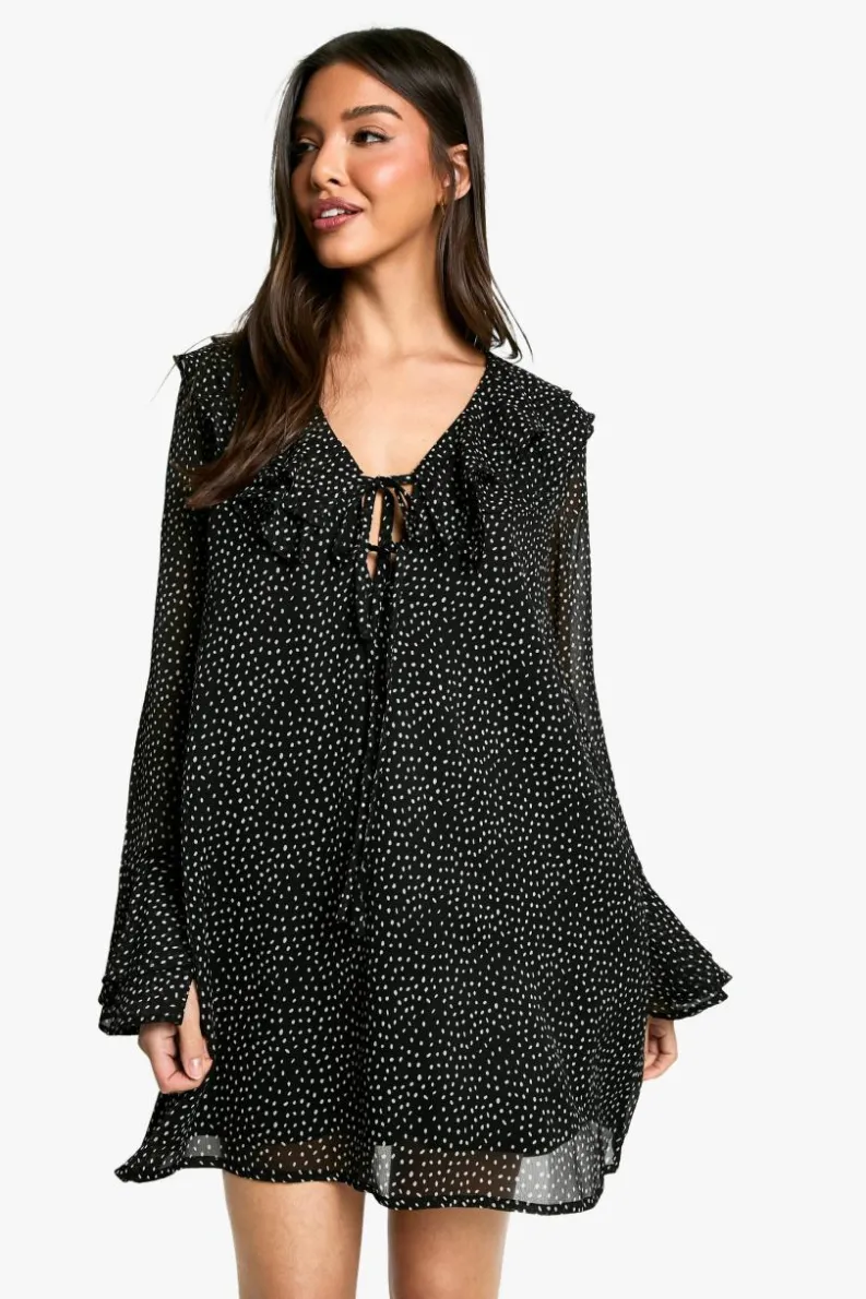 Mini Dresses*boohoo Polka Dot Ruffle Shift Mini Dress black
