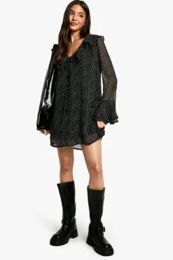 Mini Dresses*boohoo Polka Dot Ruffle Shift Mini Dress black