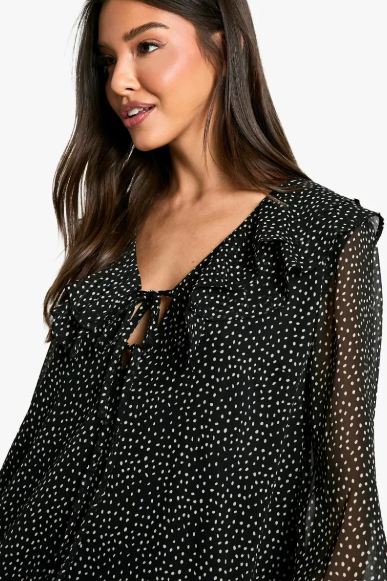 Mini Dresses*boohoo Polka Dot Ruffle Shift Mini Dress black