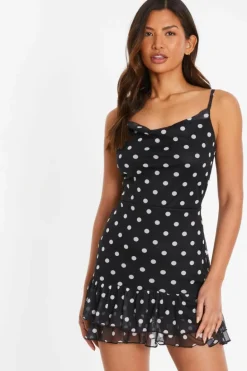 Skater Dresses*Quiz Polka Print Dot Frill Mini Dress Black