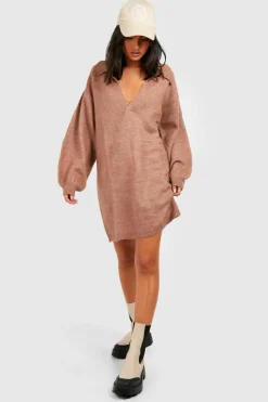 Jumper Dresses|Jumper Dresses*boohoo Polo Neck Oversized Knitted Jumper Dress camel