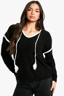 Jumpers|Up To 80% Off Winter Warmers*boohoo Pom Pom Contrast Trim Knitted Hoody black