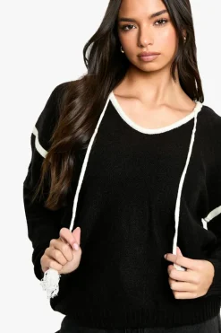 Jumpers|Up To 80% Off Winter Warmers*boohoo Pom Pom Contrast Trim Knitted Hoody black
