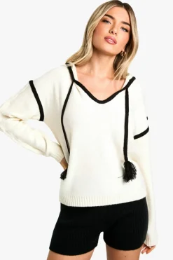 Jumpers|Up To 80% Off Winter Warmers*boohoo Pom Pom Contrast Trim Knitted Hoody ecru