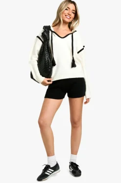 Jumpers|Up To 80% Off Winter Warmers*boohoo Pom Pom Contrast Trim Knitted Hoody ecru