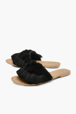 Flats|Sandals*boohoo Pom Pom Frill Sliders black