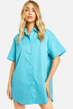 Shirt Dresses*boohoo Poplin Short Sleeve Shirt Dress aqua