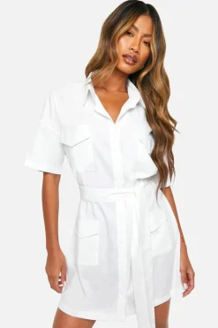 Shirt Dresses|T-Shirt Dresses*boohoo Poplin Short Sleeve Utility Shirt Dress white