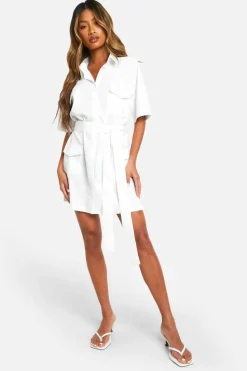 Shirt Dresses|T-Shirt Dresses*boohoo Poplin Short Sleeve Utility Shirt Dress white