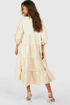 Smock Dresses|Midi Dresses*boohoo Poplin V Neck Tiered Midi Smock Dress stone