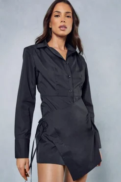 Shirt Dresses*MissPap Poplin Wrap Skirt Shoulder Pad Long Sleeve Mini Shirt Dress black