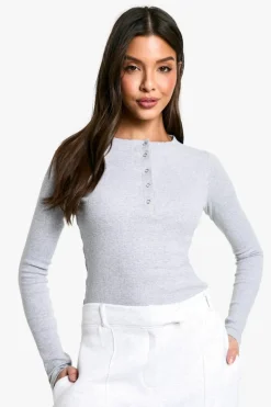 Long Sleeve Tops|Tops*boohoo Popper Front Rib Long Sleeve Top grey marl