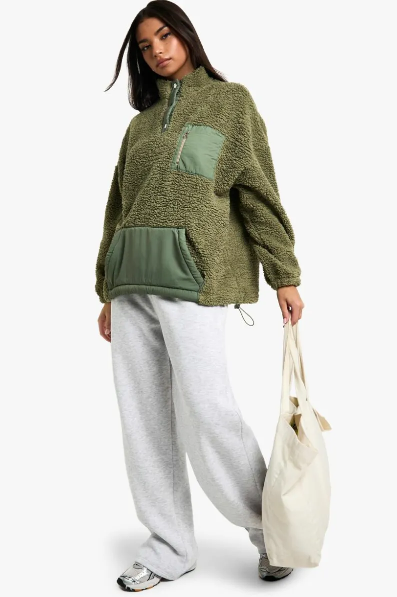 Sweatshirts|Hoodies & Sweatshirts*boohoo Popper Funnel Neck Oversized Borg Sweatshirt sage