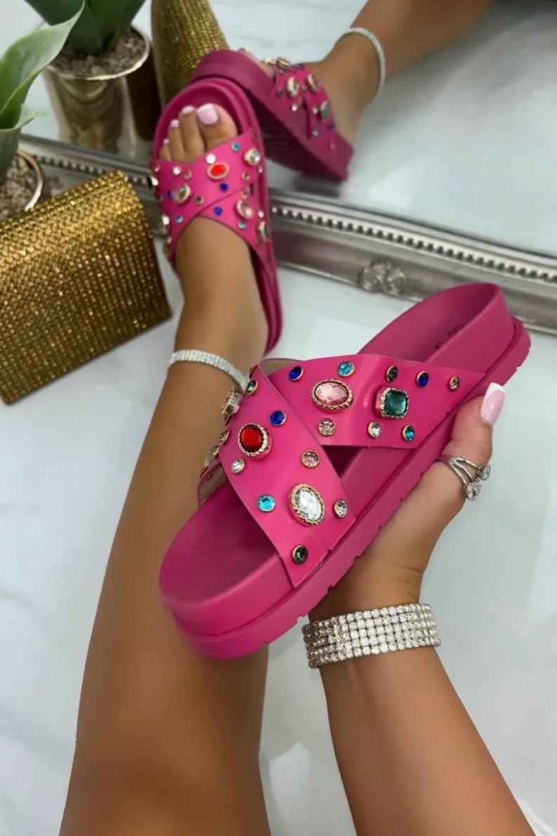 Sandals*Love Lemonade Precious Gem Crossover Sliders Pink