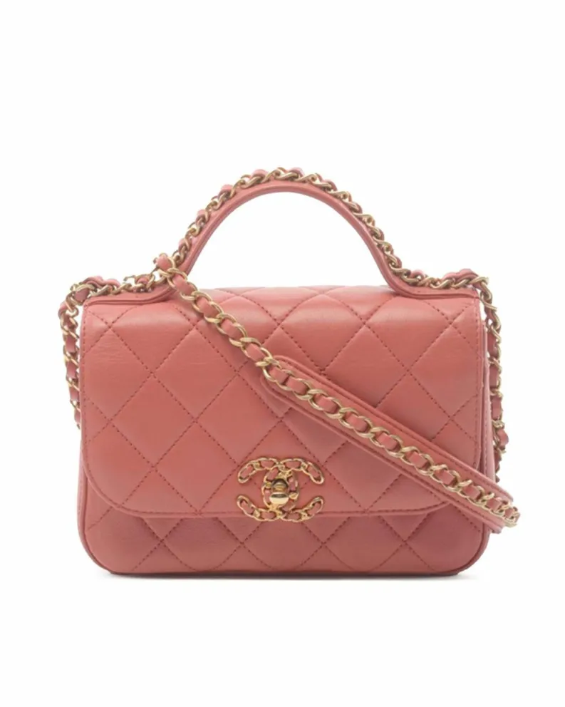 Shoulder Bags*Chanel Preloved 19 Mini Quilted Lambskin Leather Shoulder Bag - Pink