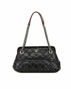 Shoulder Bags*Chanel Preloved Aged Calfskin Quilted Bowler Bag with Chain Shoulder Straps Black
