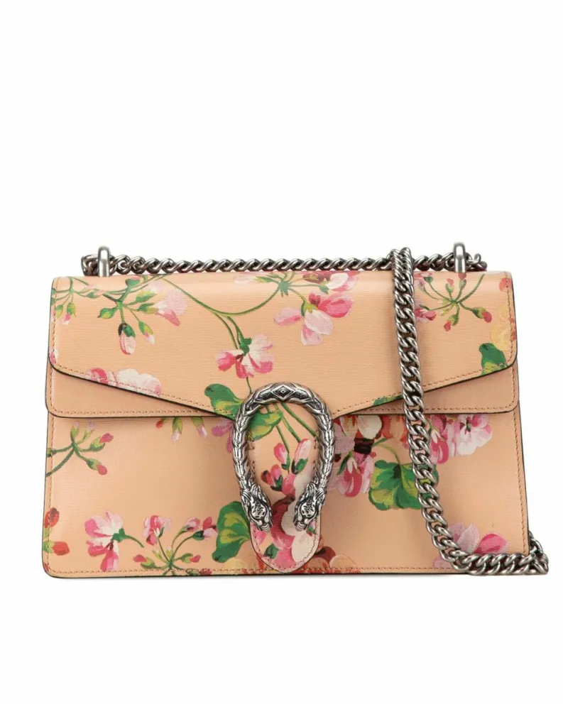 Shoulder Bags*Gucci Preloved Blooms Print Leather Dionysus Shoulder Bag with Chain Strap Orange