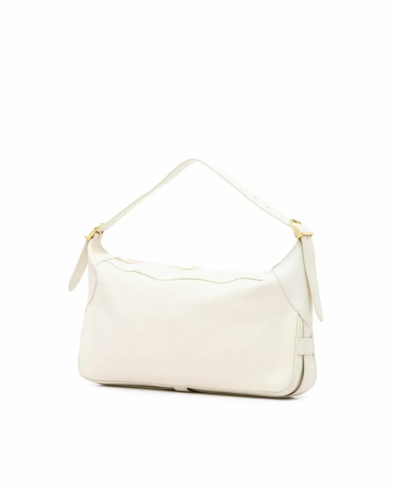 Shoulder Bags*Celine Preloved Calfskin Leather Shoulder Bag with Adjustable Strap and Zip White