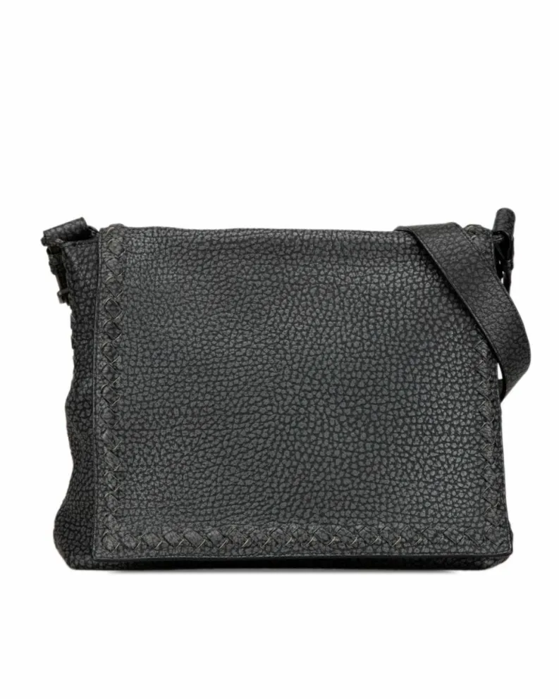 Cross-Body Bags*Bottega Veneta Preloved Calfskin Woven Leather Trim Crossbody with Magnetic Snap Black