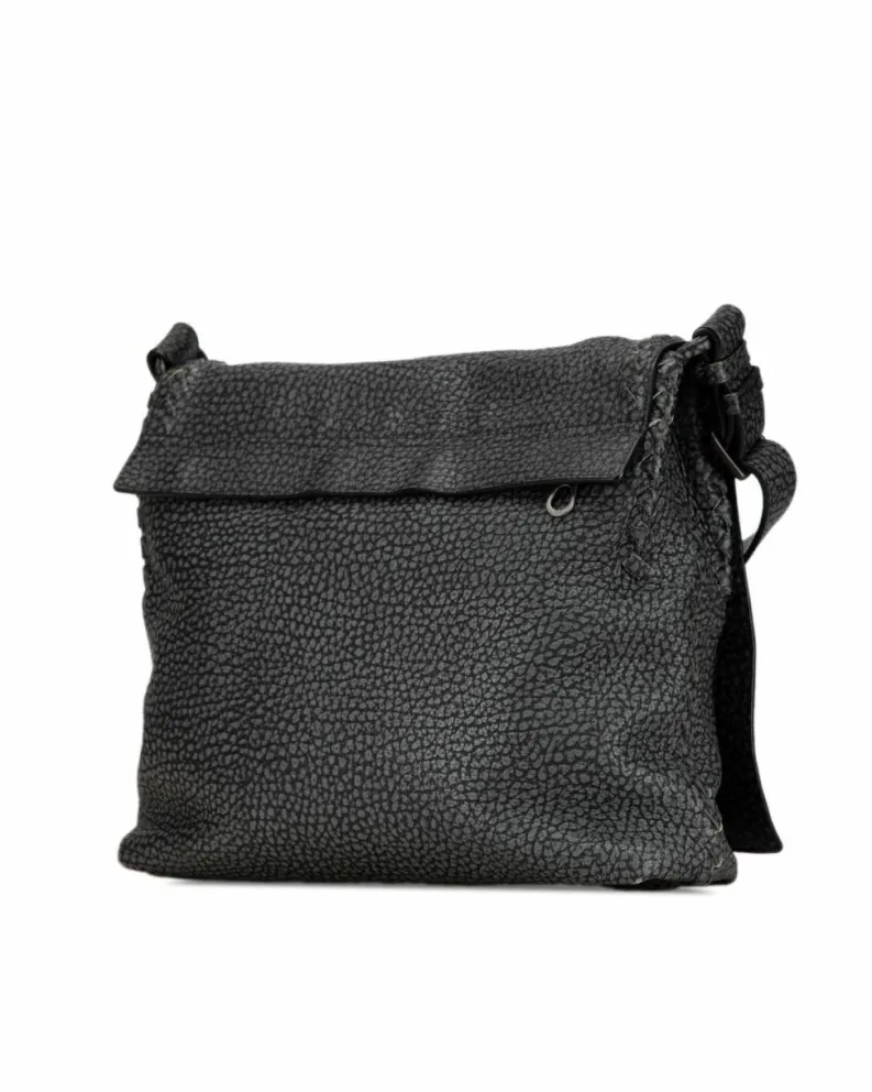 Cross-Body Bags*Bottega Veneta Preloved Calfskin Woven Leather Trim Crossbody with Magnetic Snap Black