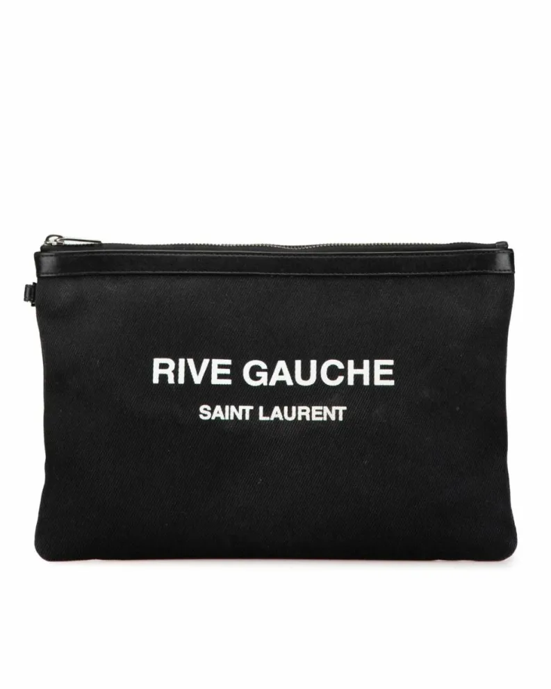 Clutch Bags*Saint Laurent Preloved Canvas Clutch with Leather Trim and Top Zip Closure Black