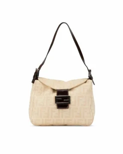 Shoulder Bags*Fendi Preloved Canvas Double Flap Shoulder Bag with Adjustable Leather Strap Brown