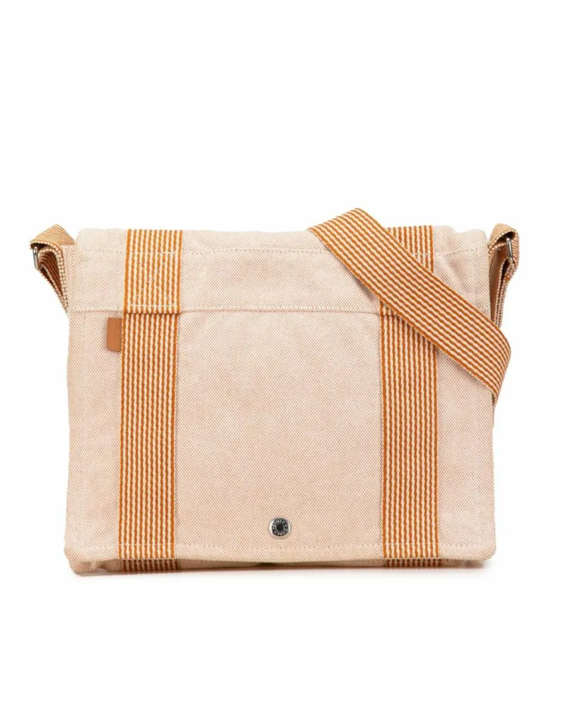Shoulder Bags*Hermes Preloved Canvas Shoulder Bag with Flat Strap and Front Flap Closure Brown
