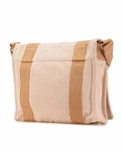 Shoulder Bags*Hermes Preloved Canvas Shoulder Bag with Flat Strap and Front Flap Closure Brown
