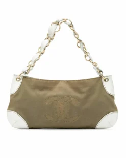 Shoulder Bags*Chanel Preloved Canvas Shoulder Bag with Leather Trim and Chain Strap Brown