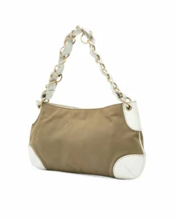 Shoulder Bags*Chanel Preloved Canvas Shoulder Bag with Leather Trim and Chain Strap Brown